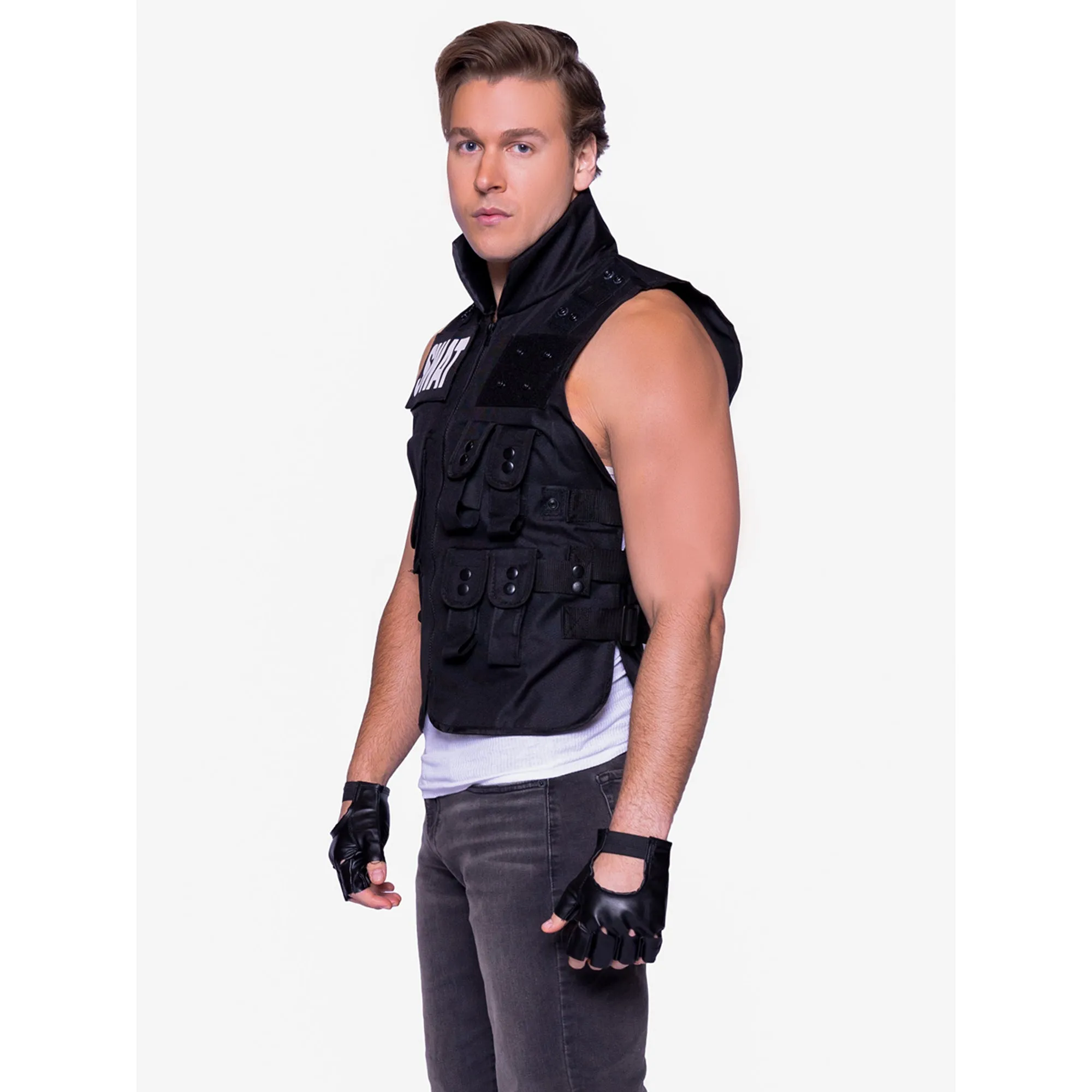 SWAT Costume for Adults, Black Vest with Gloves