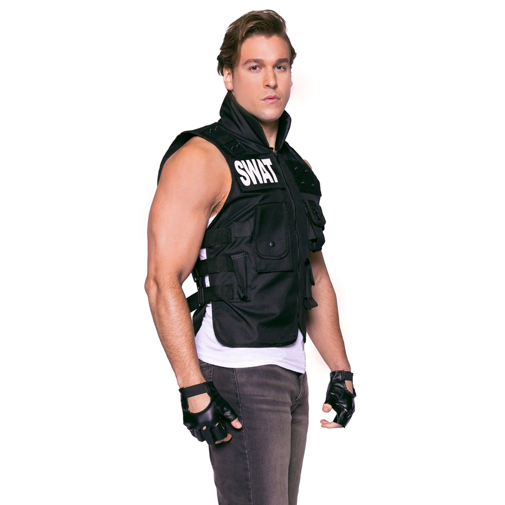 SWAT Costume for Adults, Black Vest with Gloves