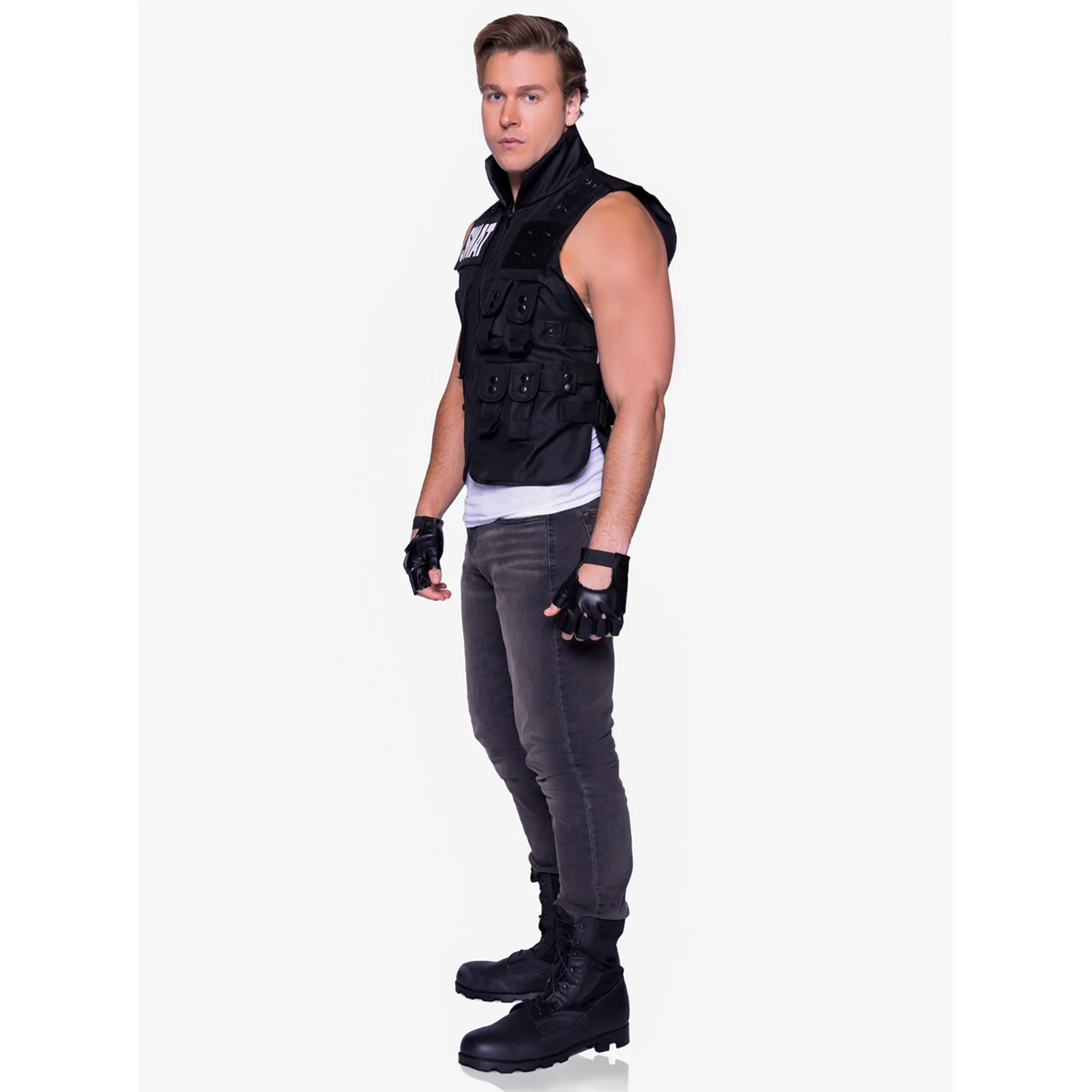 SWAT Costume for Adults, Black Vest with Gloves