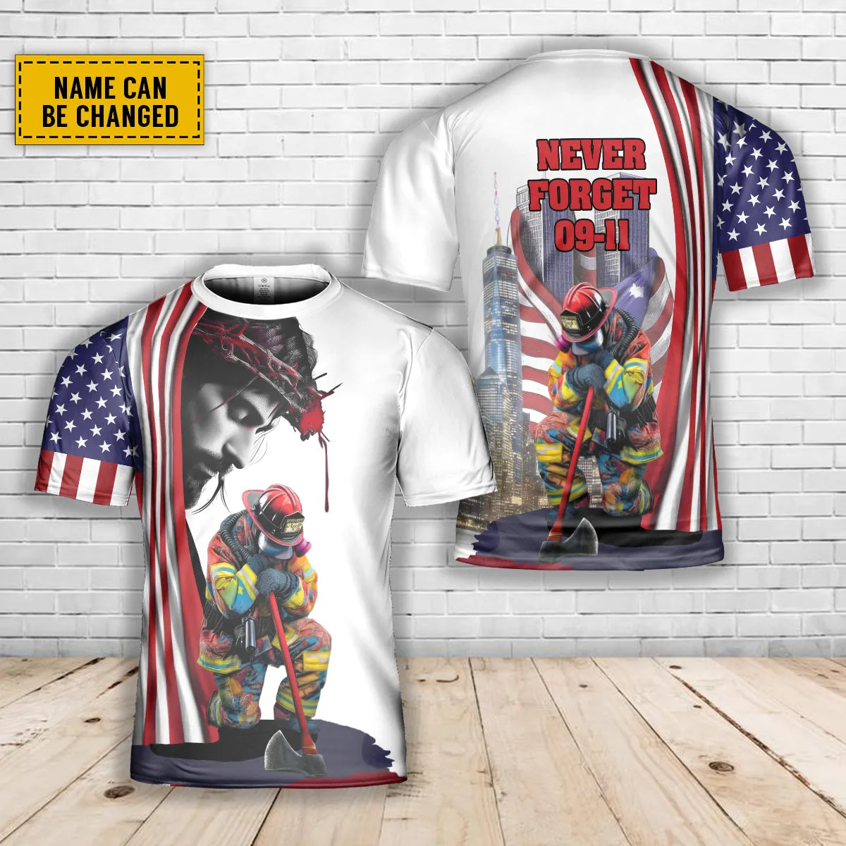 Teesdily | Firefighter 911 Day 3d Custom Tshirt Polo, Jesus American Flag All Over Print Shirt, Never Forget September 11th Remembrance Day Patriot