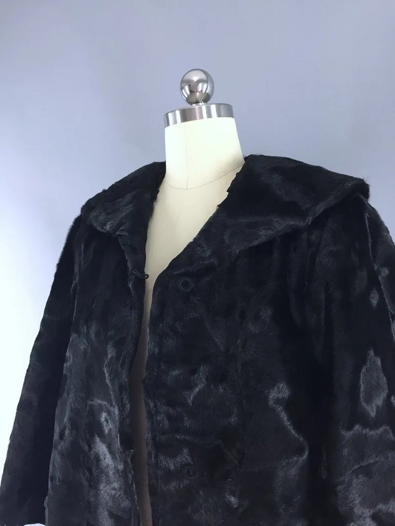 Vintage 1950s Black Fur Jacket Swing Coat