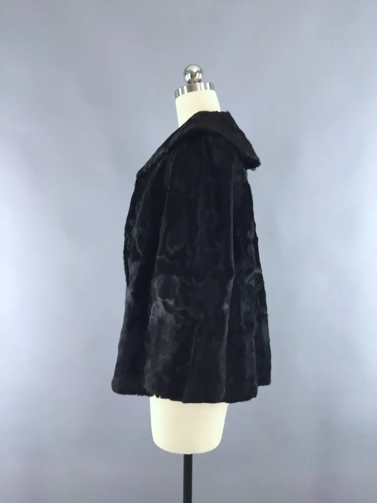 Vintage 1950s Black Fur Jacket Swing Coat