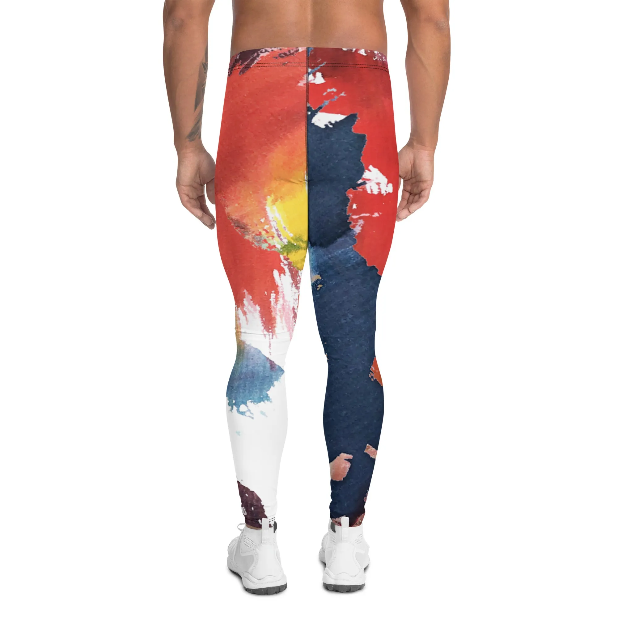 Watercolor Mixed Abstract Men's Leggings, Abstract Best Watercolor Printed Meggings Running Tights For Men-Made in USA/EU/MX