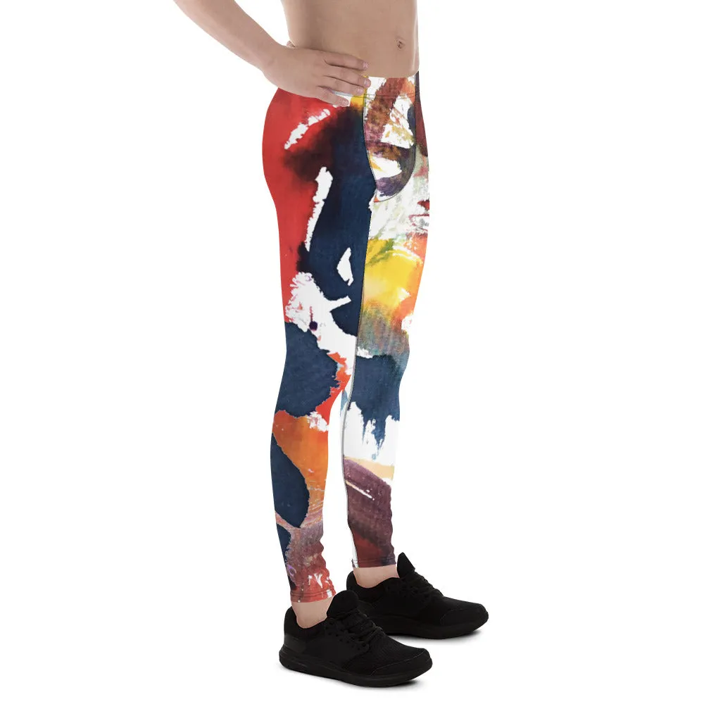 Watercolor Mixed Abstract Men's Leggings, Abstract Best Watercolor Printed Meggings Running Tights For Men-Made in USA/EU/MX