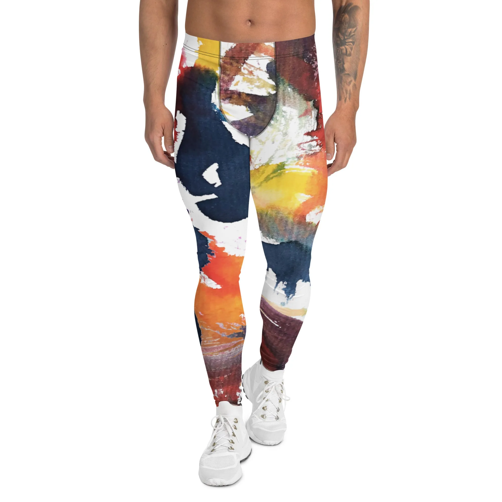 Watercolor Mixed Abstract Men's Leggings, Abstract Best Watercolor Printed Meggings Running Tights For Men-Made in USA/EU/MX