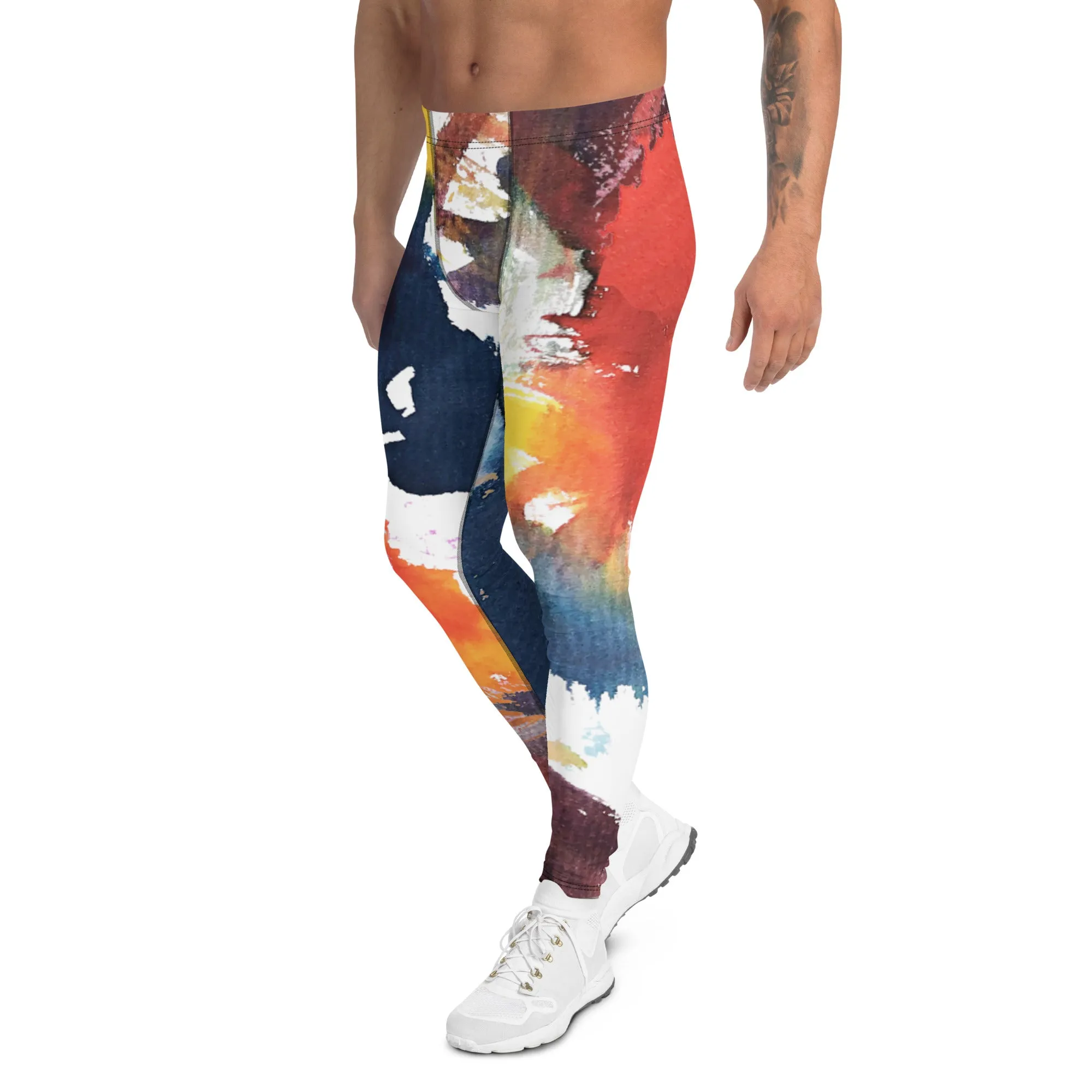 Watercolor Mixed Abstract Men's Leggings, Abstract Best Watercolor Printed Meggings Running Tights For Men-Made in USA/EU/MX