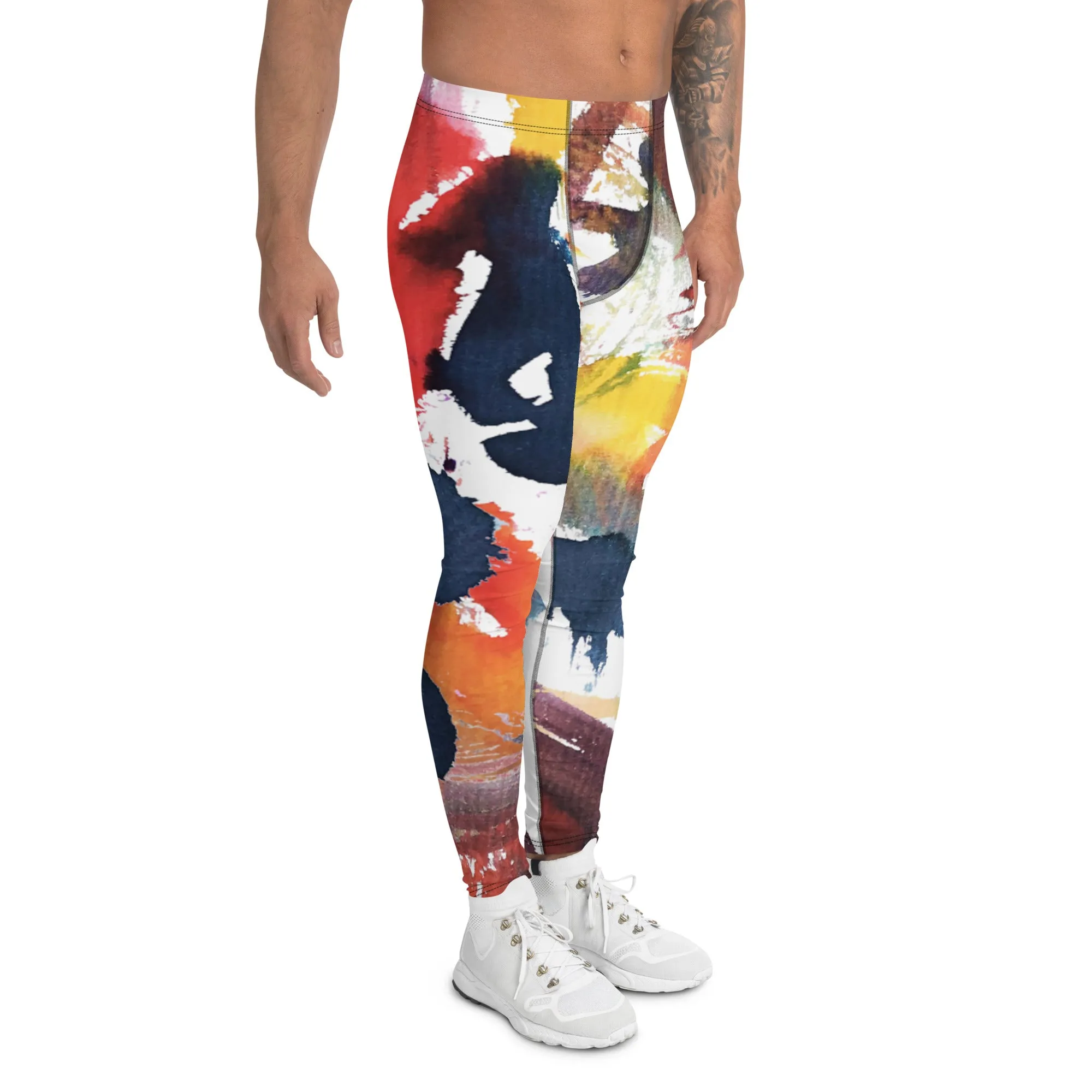 Watercolor Mixed Abstract Men's Leggings, Abstract Best Watercolor Printed Meggings Running Tights For Men-Made in USA/EU/MX