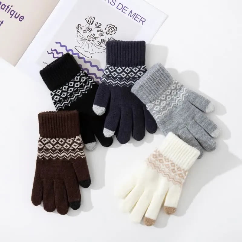 Wave Print Touch Screen Warm Plus Velvet Knitted Gloves