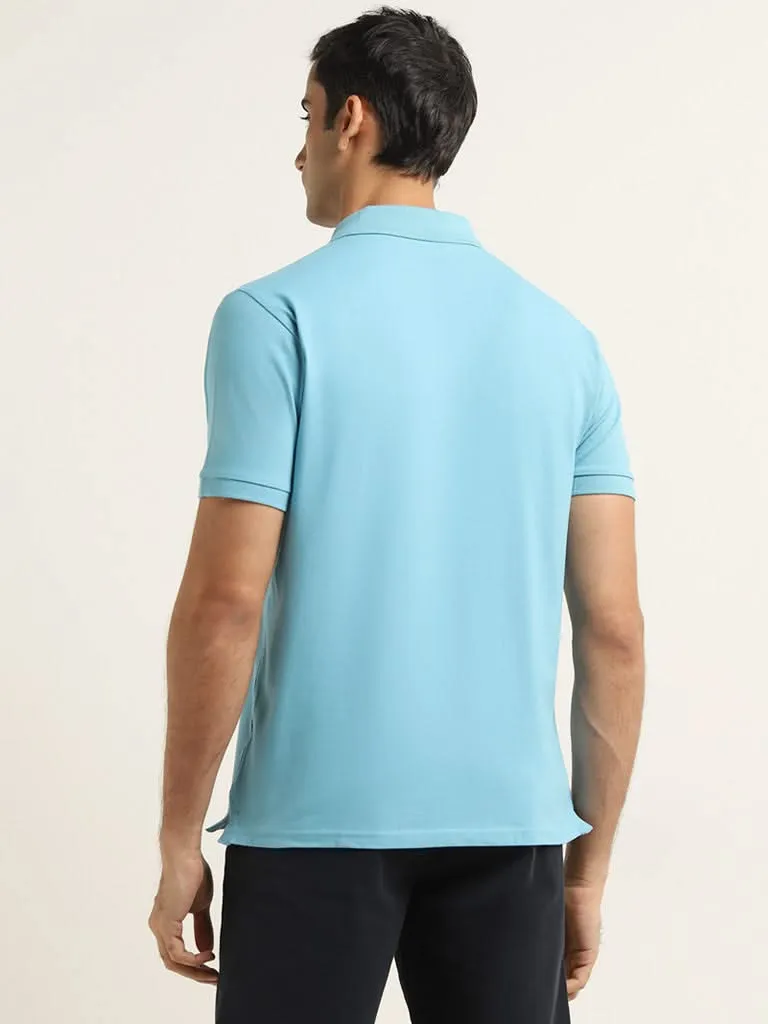 WES Casuals Blue Solid Slim Fit Polo T-Shirt