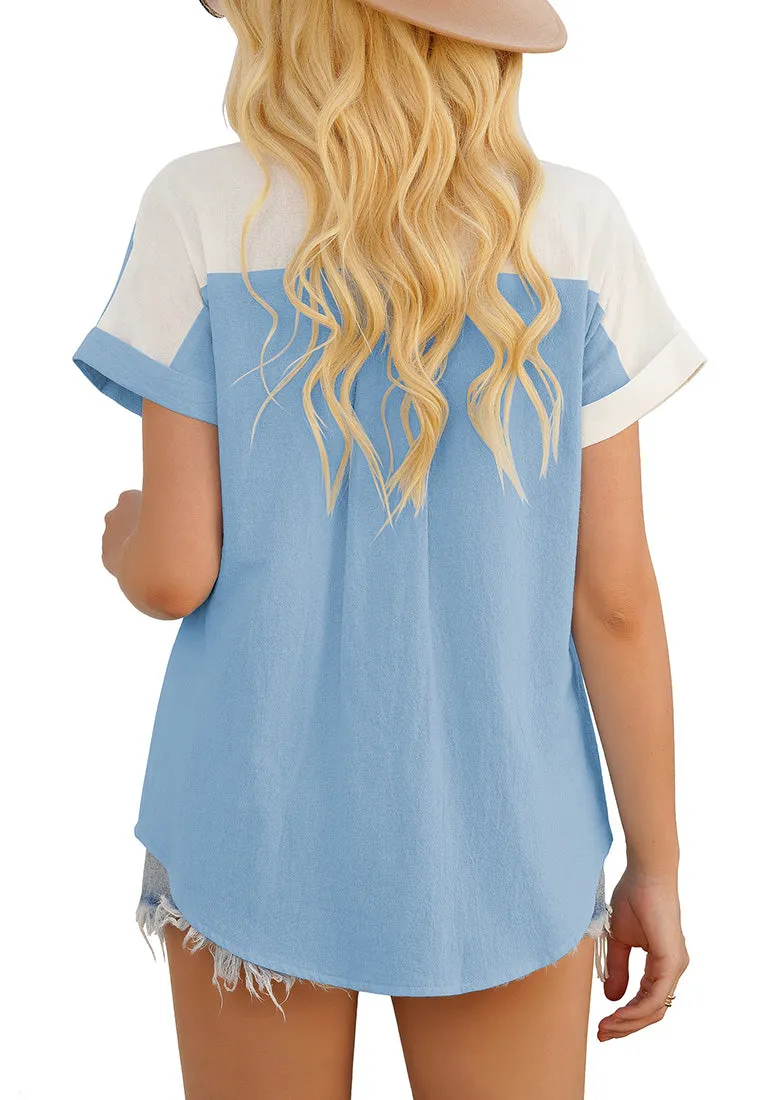 White Short Sleeves Colorblock Button-Up Top