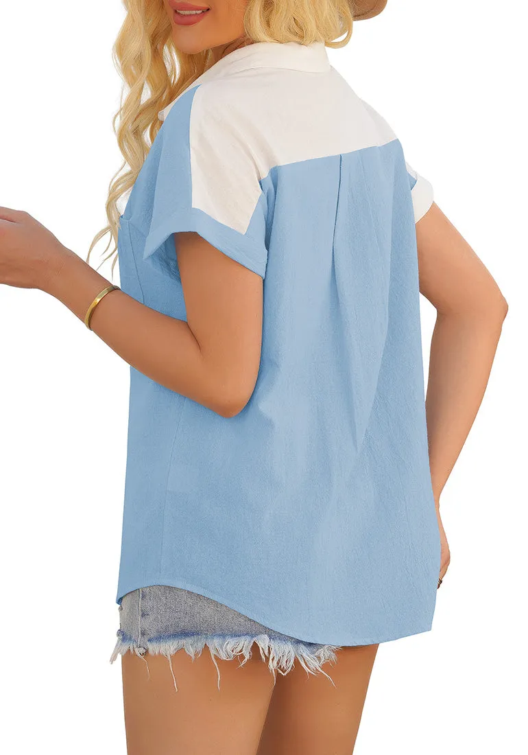 White Short Sleeves Colorblock Button-Up Top