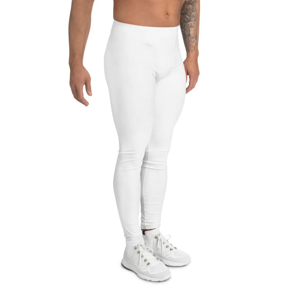 White Solid Color Men's Leggings, Solid White Color Premium Modern Minimalist Meggings-Made in USA/EU/MX