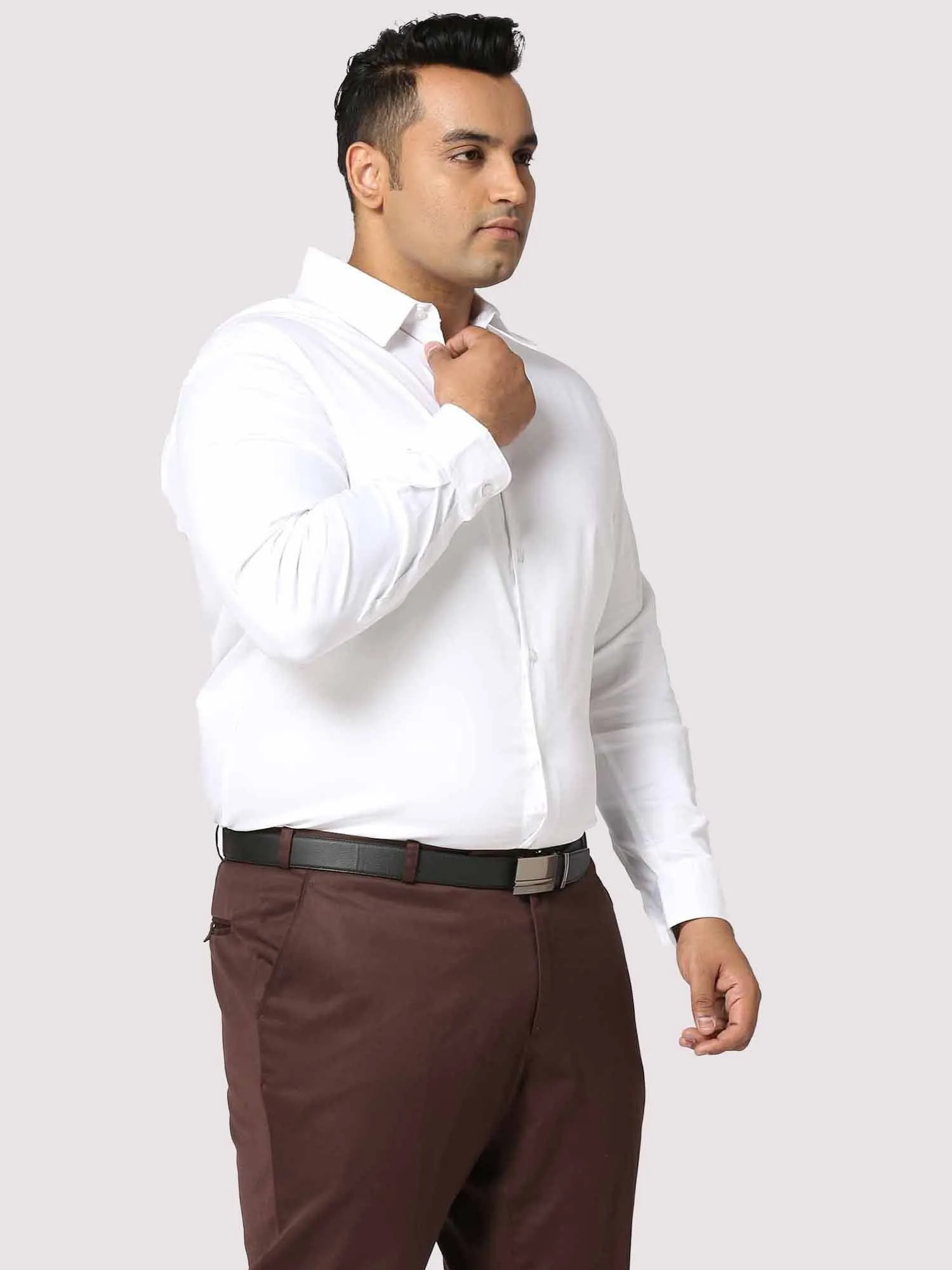 White Solid Stretchable Cotton Shirt Men's Plus Size