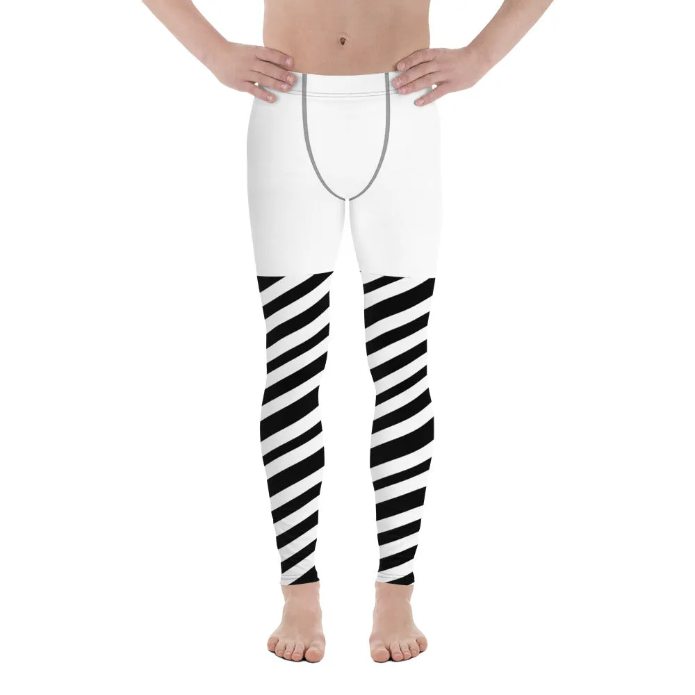 White Striped Men's Leggings, White and Black Diagonally Striped Meggings Compression Tights For Men- Made in USA/EU/MX