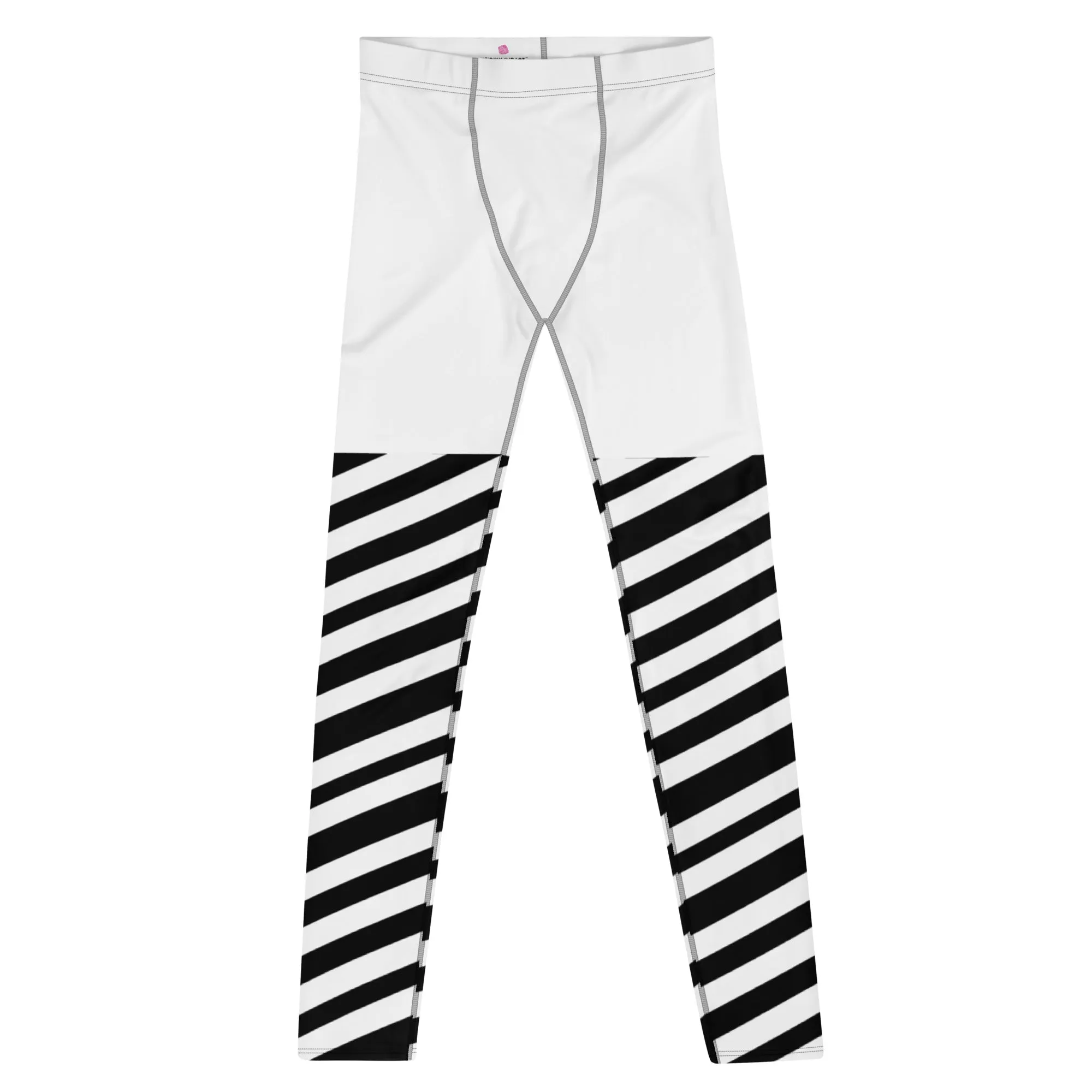 White Striped Men's Leggings, White and Black Diagonally Striped Meggings Compression Tights For Men- Made in USA/EU/MX