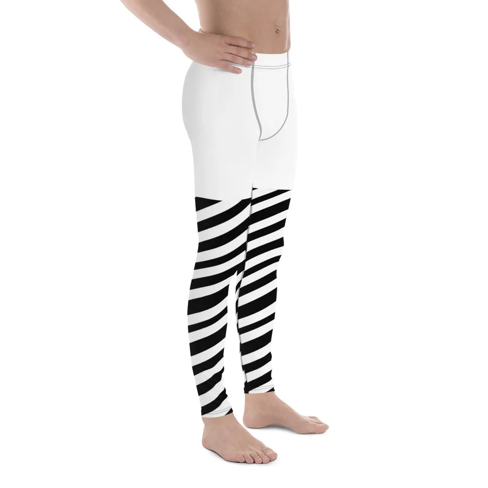 White Striped Men's Leggings, White and Black Diagonally Striped Meggings Compression Tights For Men- Made in USA/EU/MX