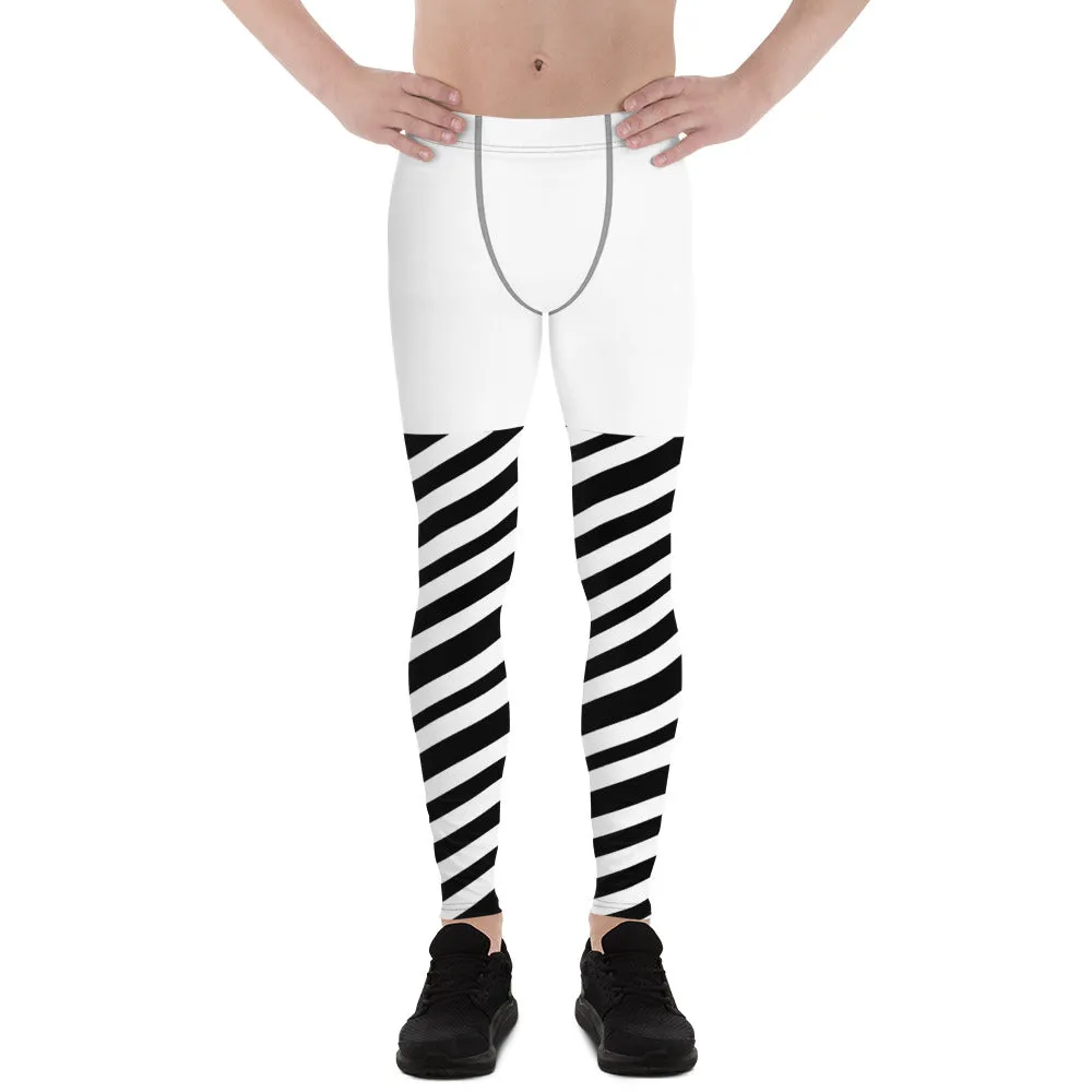 White Striped Men's Leggings, White and Black Diagonally Striped Meggings Compression Tights For Men- Made in USA/EU/MX