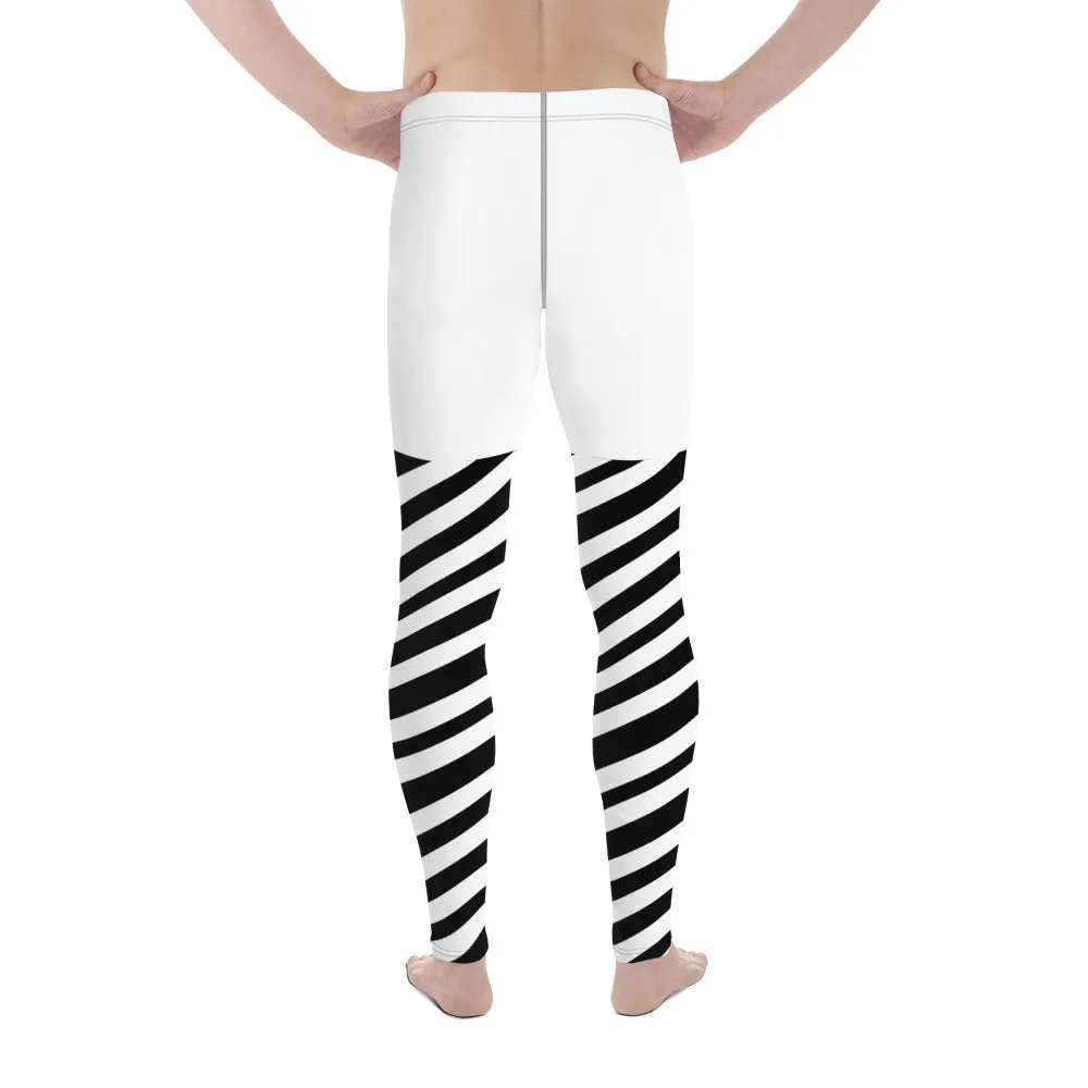 White Striped Men's Leggings, White and Black Diagonally Striped Meggings Compression Tights For Men- Made in USA/EU/MX