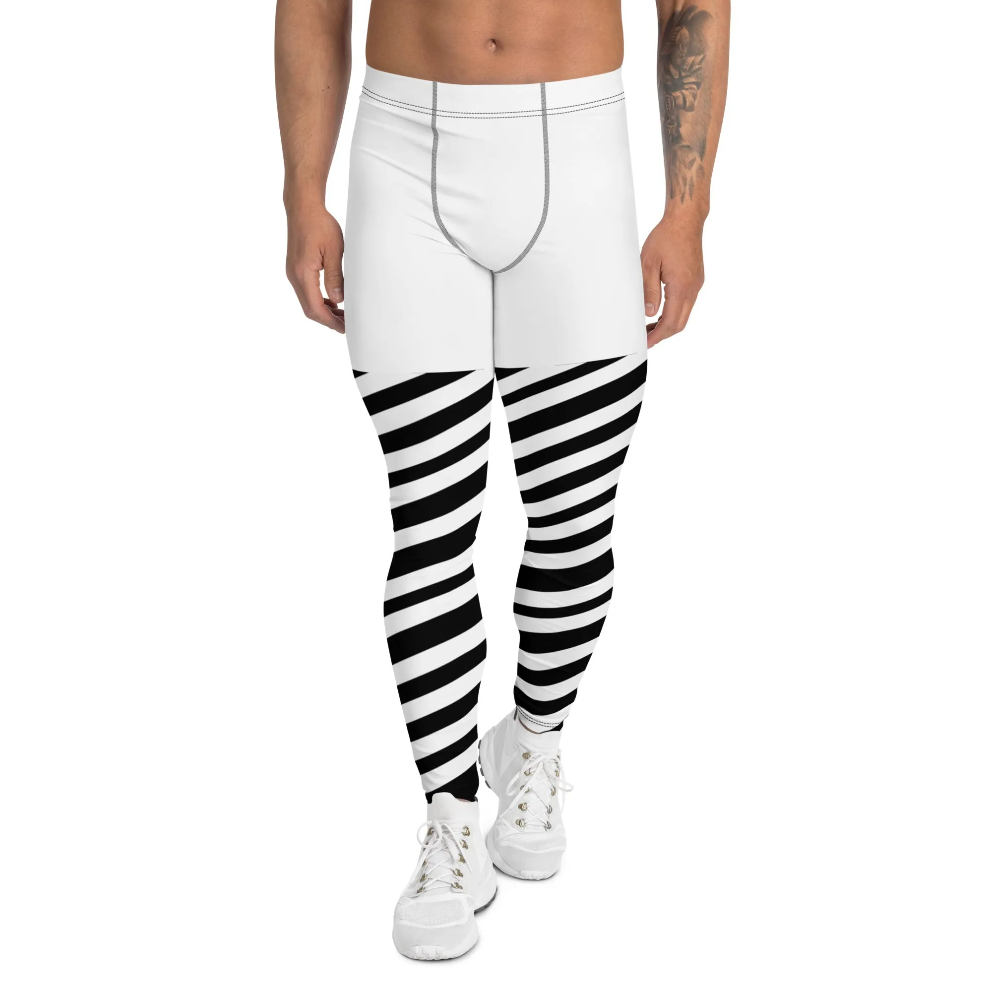 White Striped Men's Leggings, White and Black Diagonally Striped Meggings Compression Tights For Men- Made in USA/EU/MX