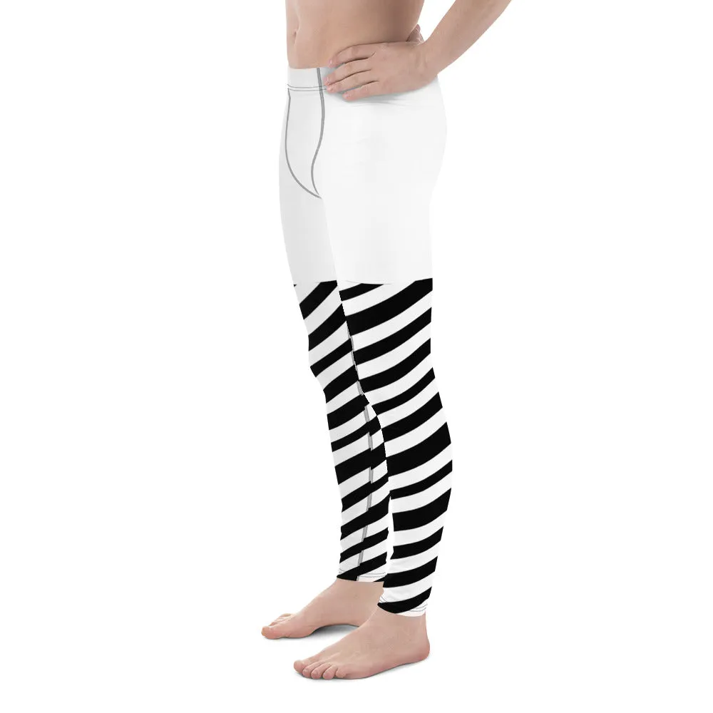 White Striped Men's Leggings, White and Black Diagonally Striped Meggings Compression Tights For Men- Made in USA/EU/MX