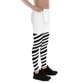 White Striped Men's Leggings, White and Black Diagonally Striped Meggings Compression Tights For Men- Made in USA/EU/MX