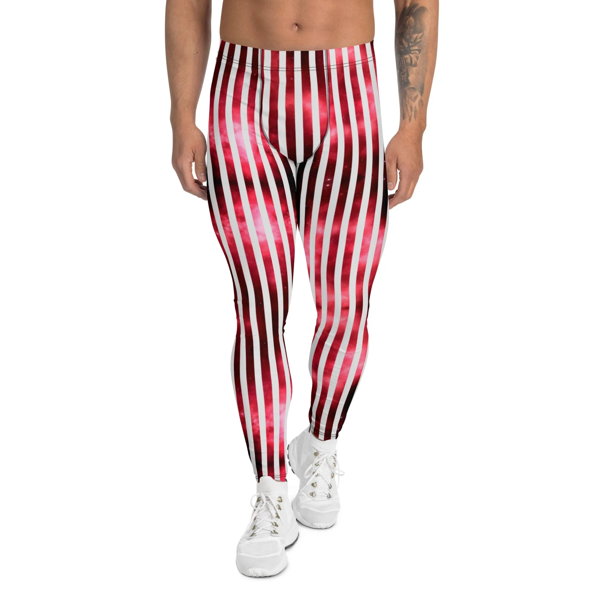 White Striped Red Men's Leggings, Vertical Striped Meggings Compression Tights For Men- Made in USA/EU/MX