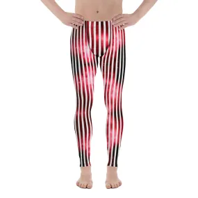 White Striped Red Men's Leggings, Vertical Striped Meggings Compression Tights For Men- Made in USA/EU/MX