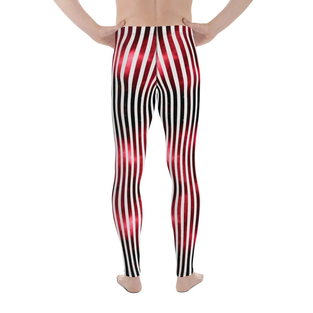 White Striped Red Men's Leggings, Vertical Striped Meggings Compression Tights For Men- Made in USA/EU/MX