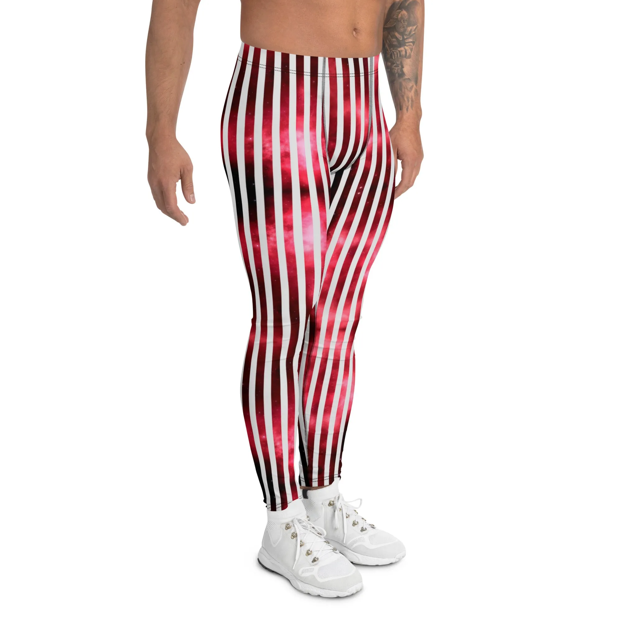 White Striped Red Men's Leggings, Vertical Striped Meggings Compression Tights For Men- Made in USA/EU/MX