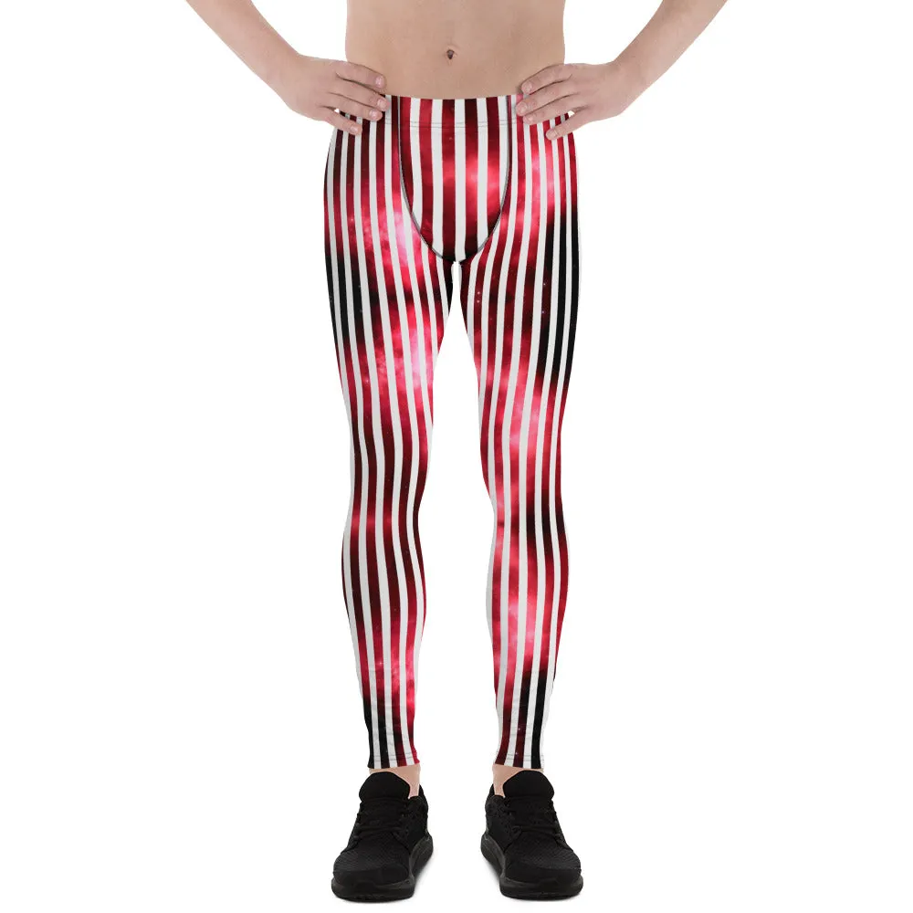 White Striped Red Men's Leggings, Vertical Striped Meggings Compression Tights For Men- Made in USA/EU/MX