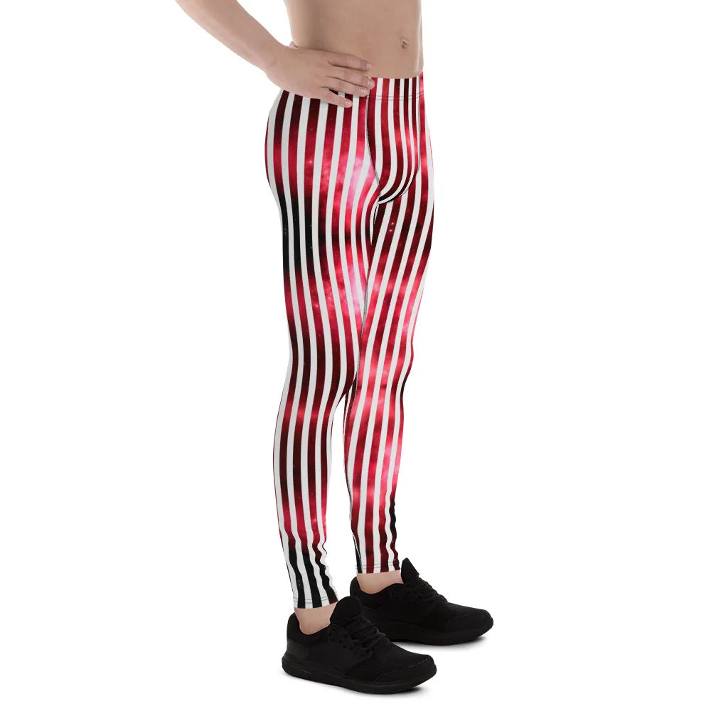 White Striped Red Men's Leggings, Vertical Striped Meggings Compression Tights For Men- Made in USA/EU/MX