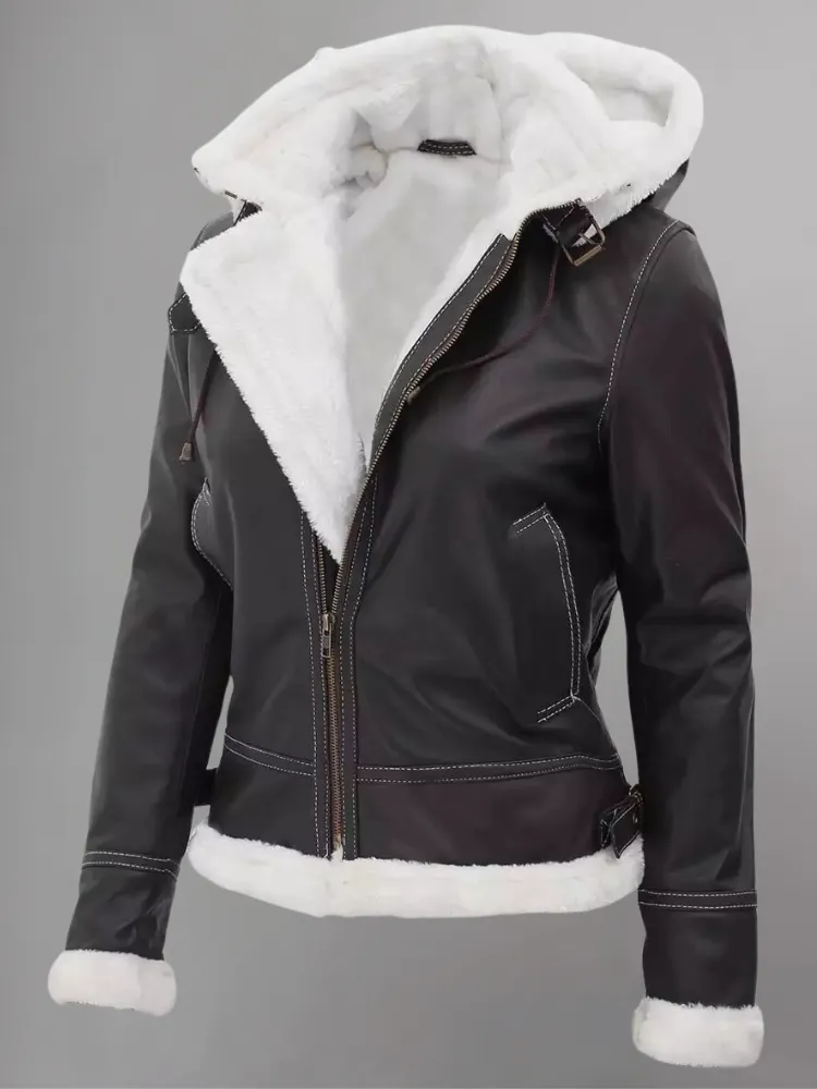 Women Hooded Bomber Shearling Leather Jacket