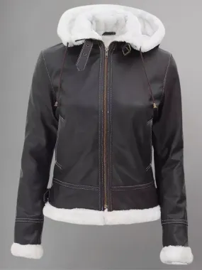 Women Hooded Bomber Shearling Leather Jacket