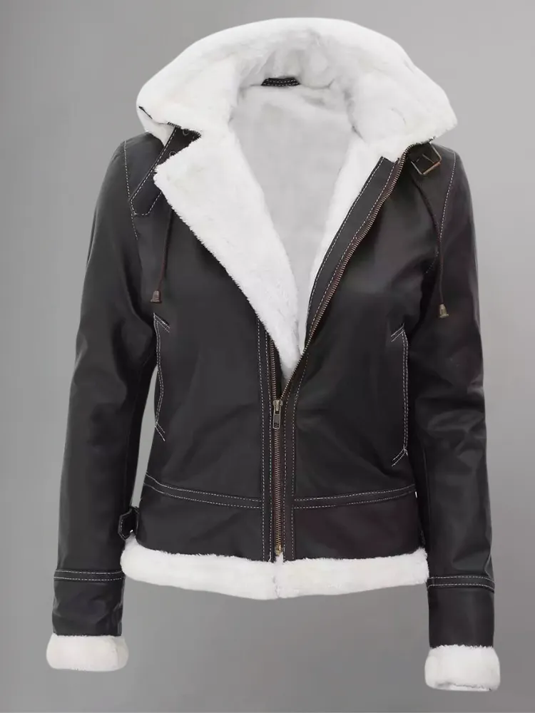 Women Hooded Bomber Shearling Leather Jacket