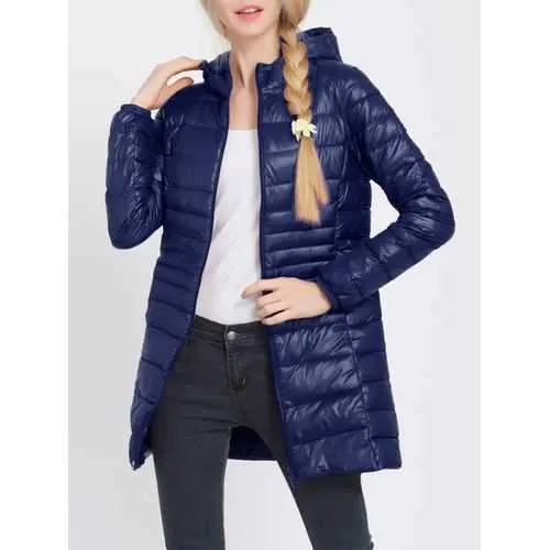 Women Pure Color Hooded Long Sleeve Down Coats