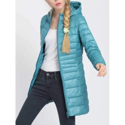 Women Pure Color Hooded Long Sleeve Down Coats