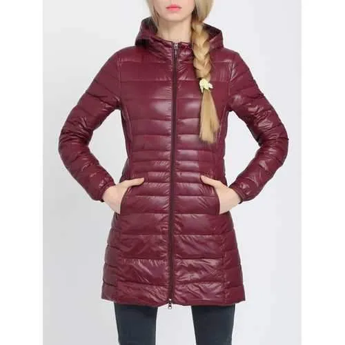 Women Pure Color Hooded Long Sleeve Down Coats