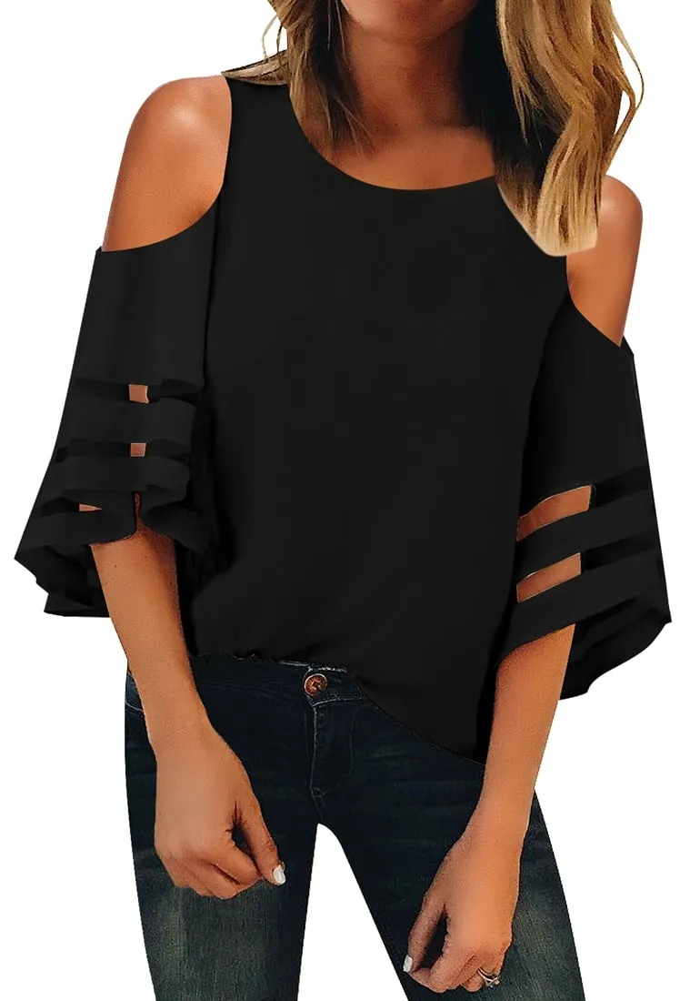 Women's Cold Shoulder Loose Shirt Tops 3/4 Bell Mesh Sleeve Blouse