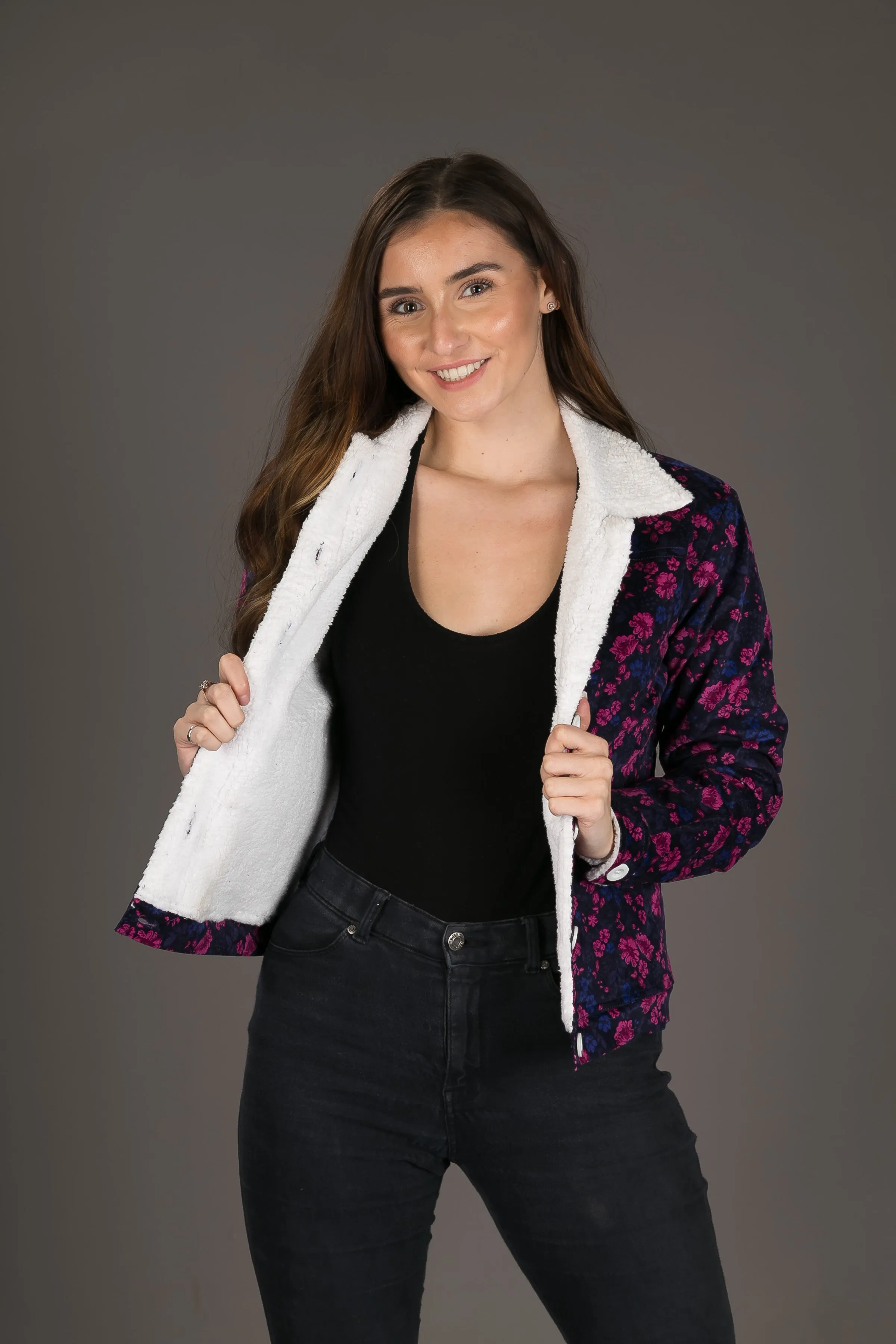 Womens Floral Print Wool Jacket Shearling Fur Lining