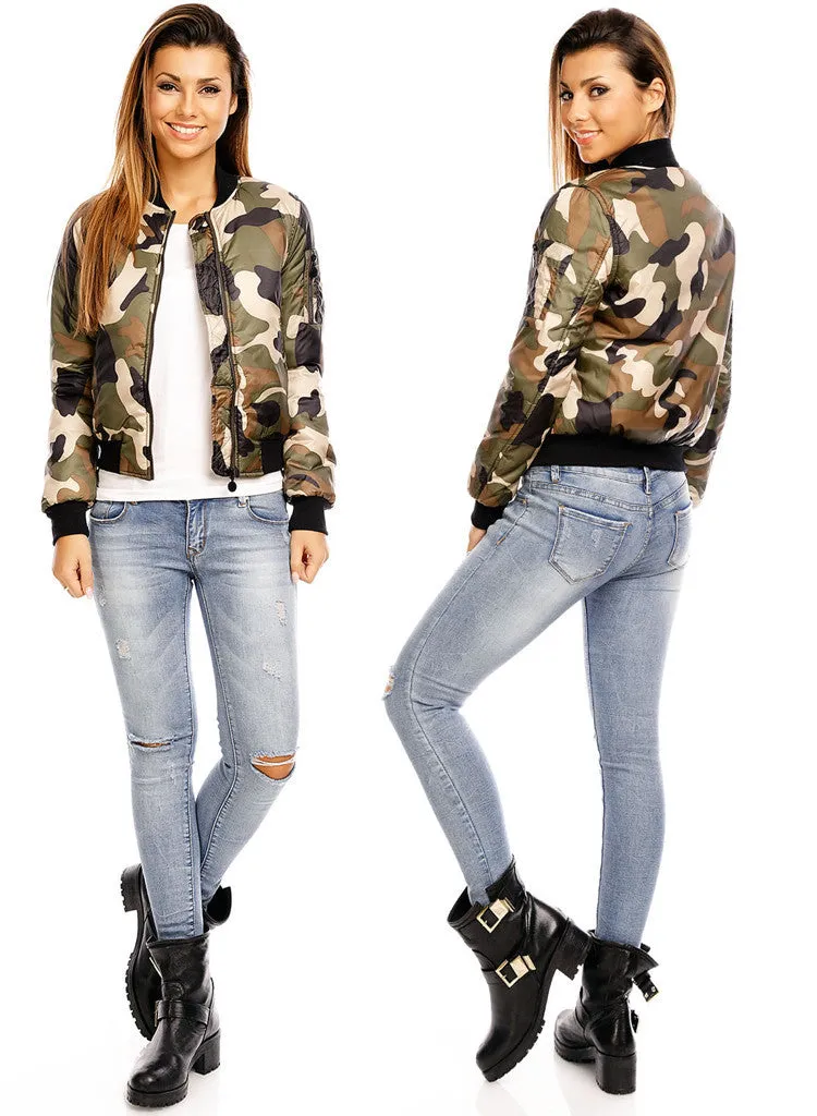 Women's Girls Army style casual Camouflage zip bomber jacket.