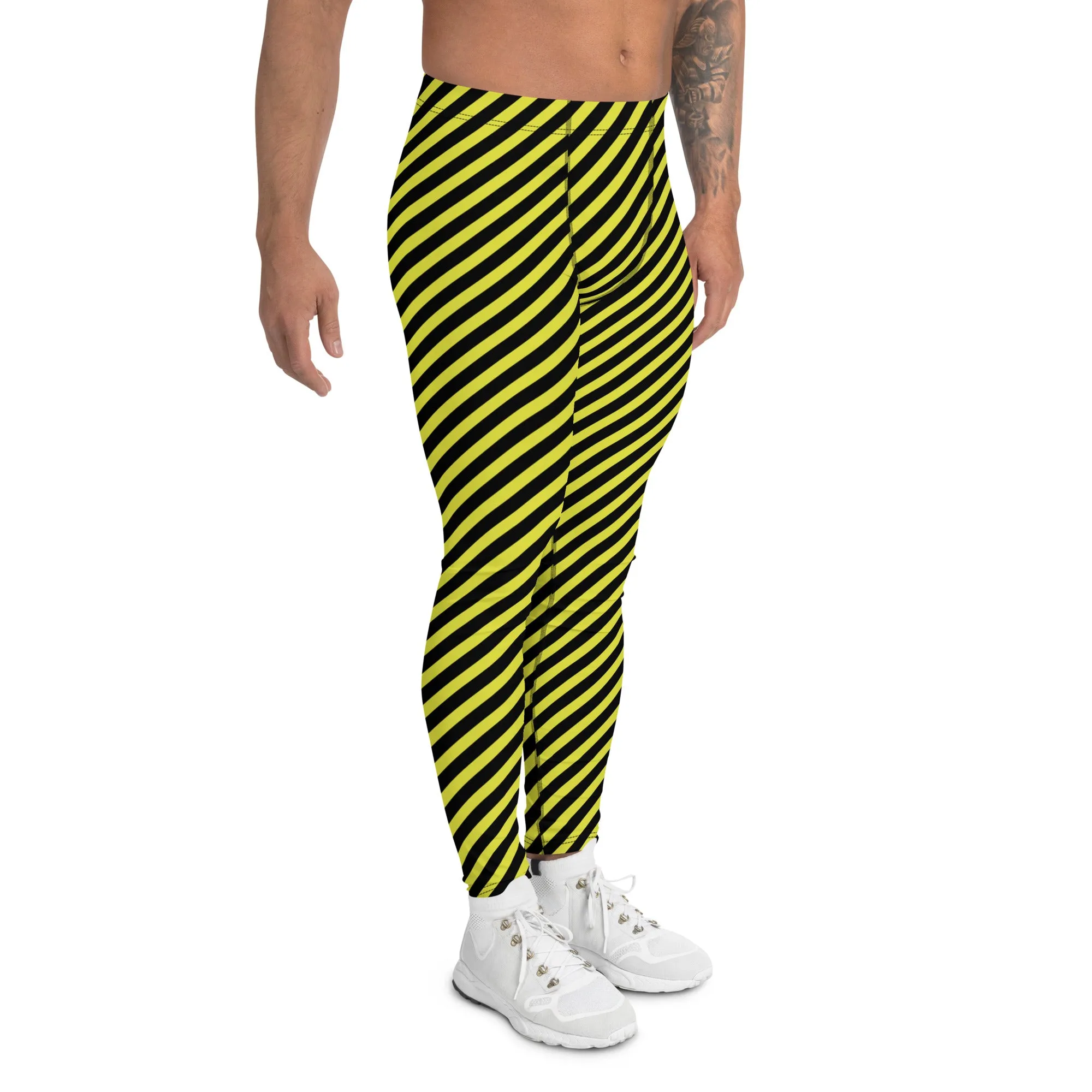 Yellow Black Diagonal Striped Meggings, Colorful Best Compression Tights For Men - Made in USA/EU/MX