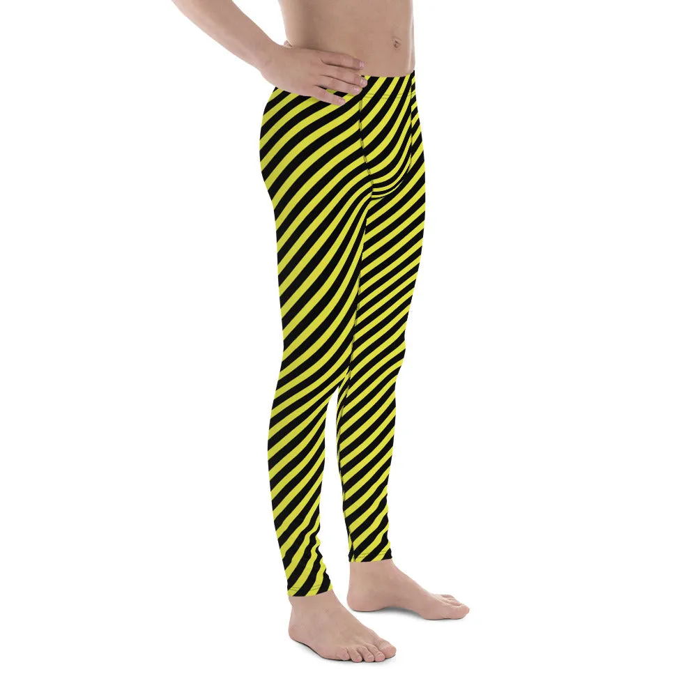 Yellow Black Diagonal Striped Meggings, Colorful Best Compression Tights For Men - Made in USA/EU/MX