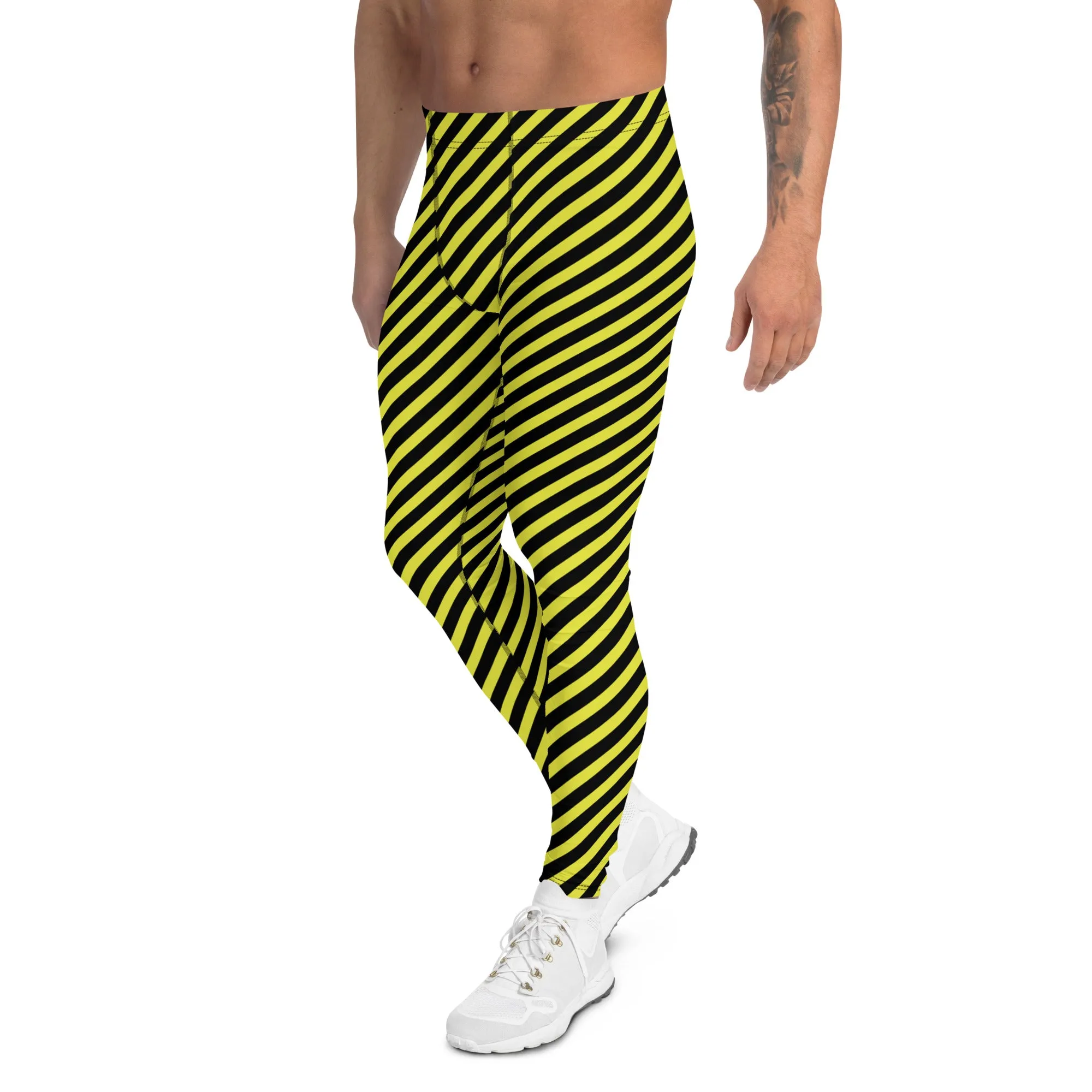 Yellow Black Diagonal Striped Meggings, Colorful Best Compression Tights For Men - Made in USA/EU/MX