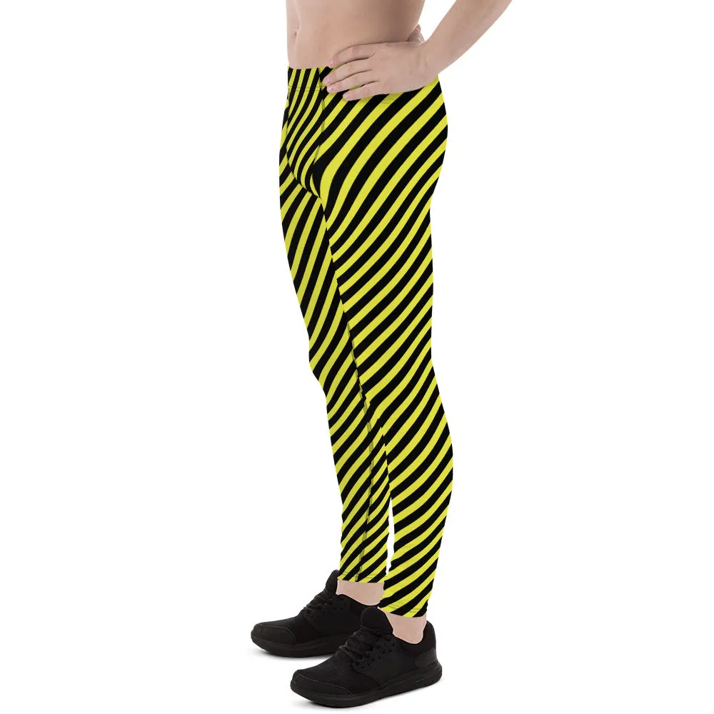 Yellow Black Diagonal Striped Meggings, Colorful Best Compression Tights For Men - Made in USA/EU/MX