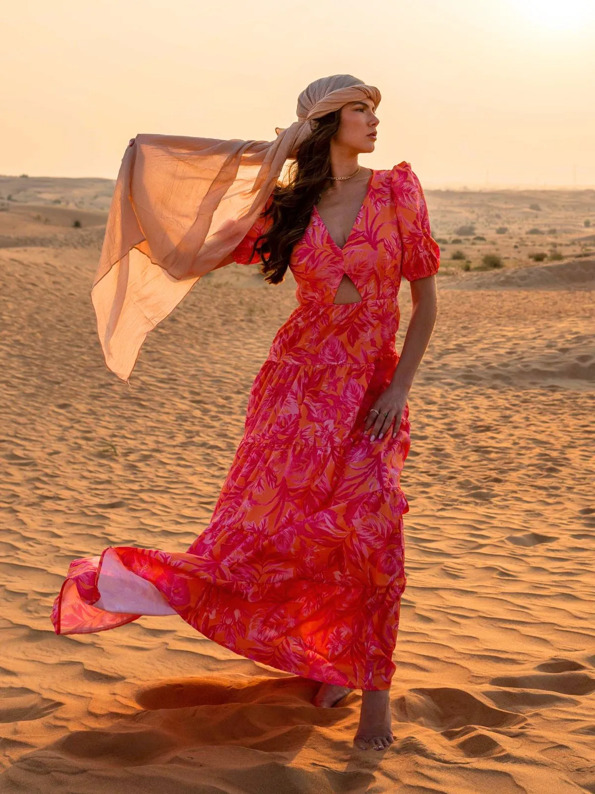 Zoe Tiered Cutout Maxi Dress / Pink & Orange Palm