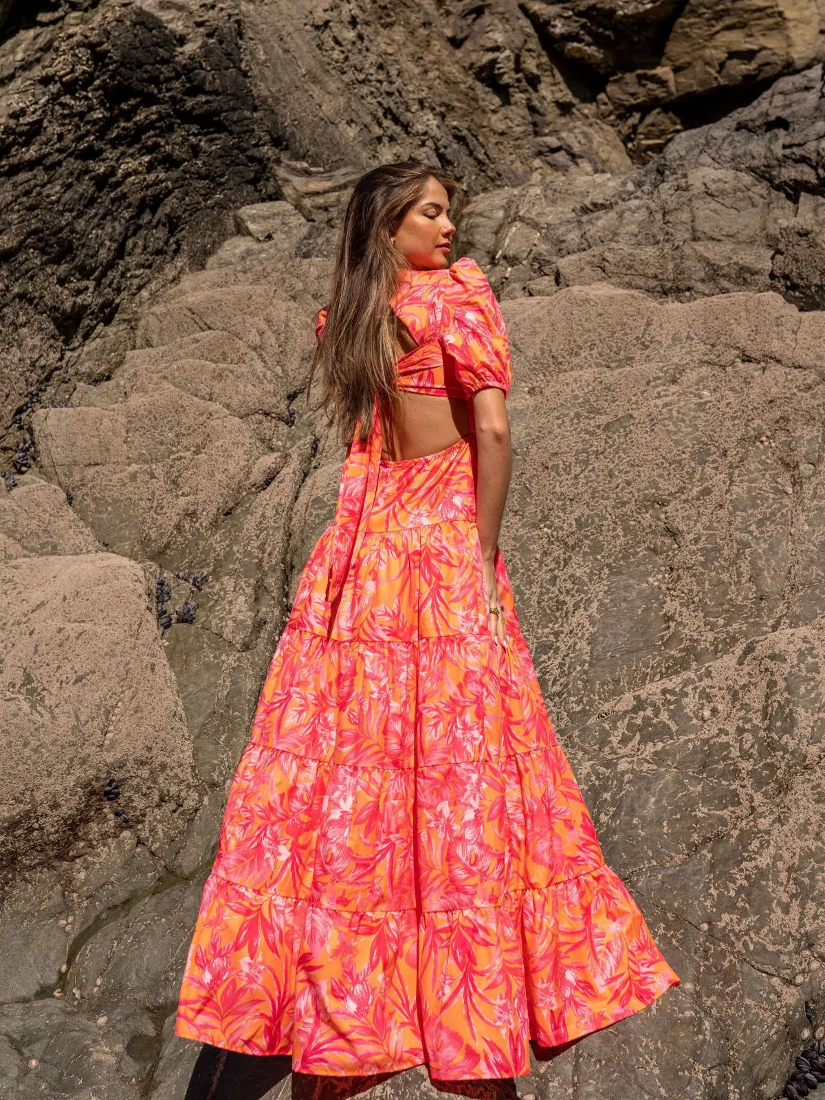 Zoe Tiered Cutout Maxi Dress / Pink & Orange Palm