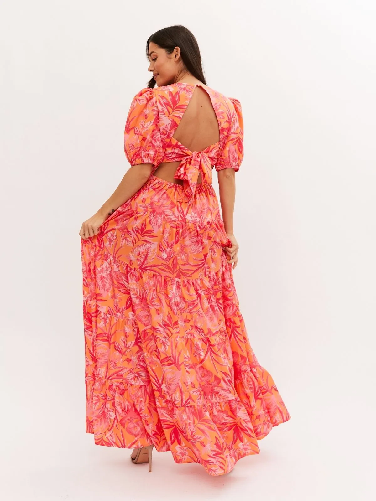 Zoe Tiered Cutout Maxi Dress / Pink & Orange Palm